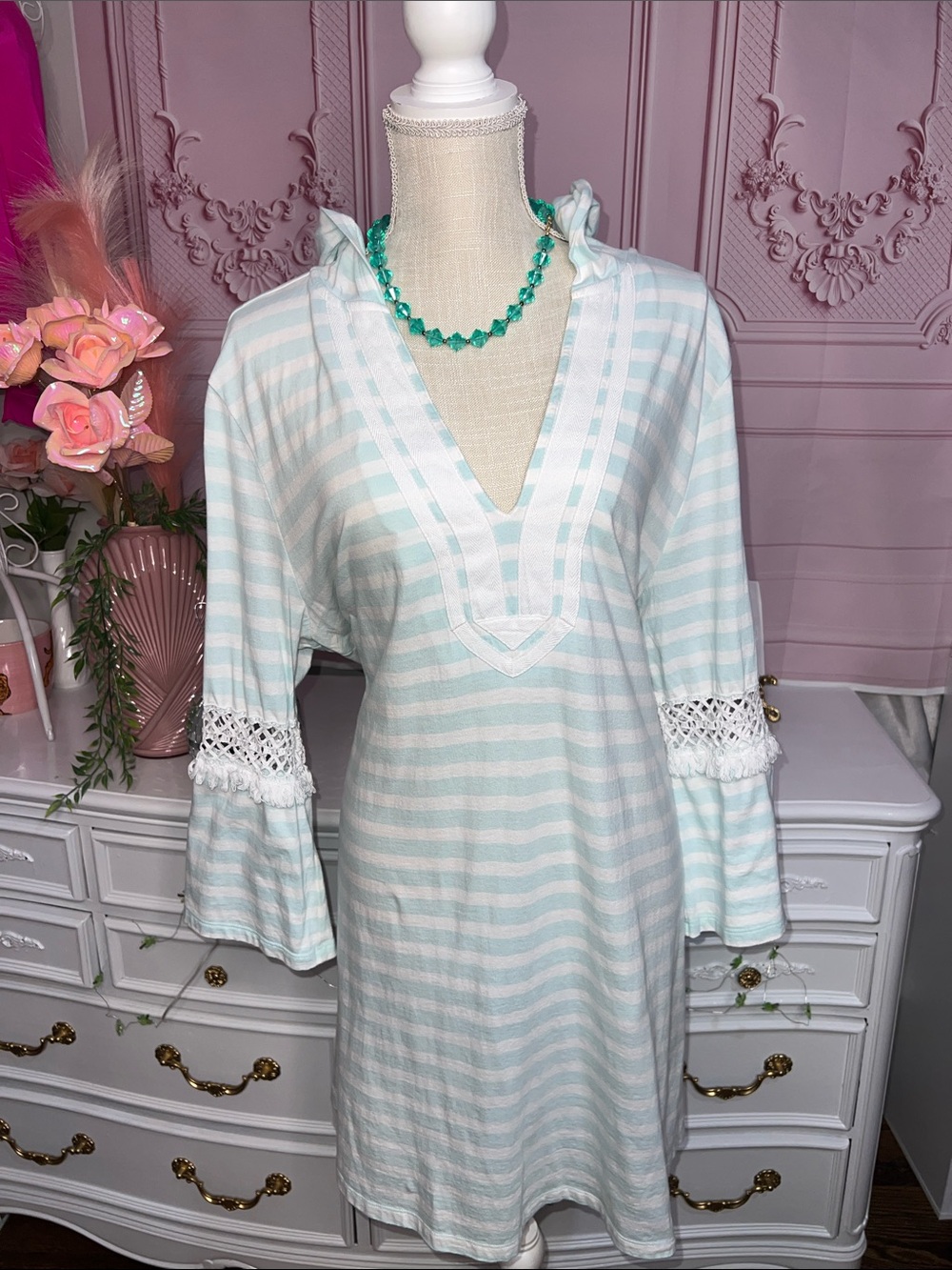 🌿💚 100% Cotton Mint Stripe Hoodie Midi Dress / Beach Pullover 💚🌿